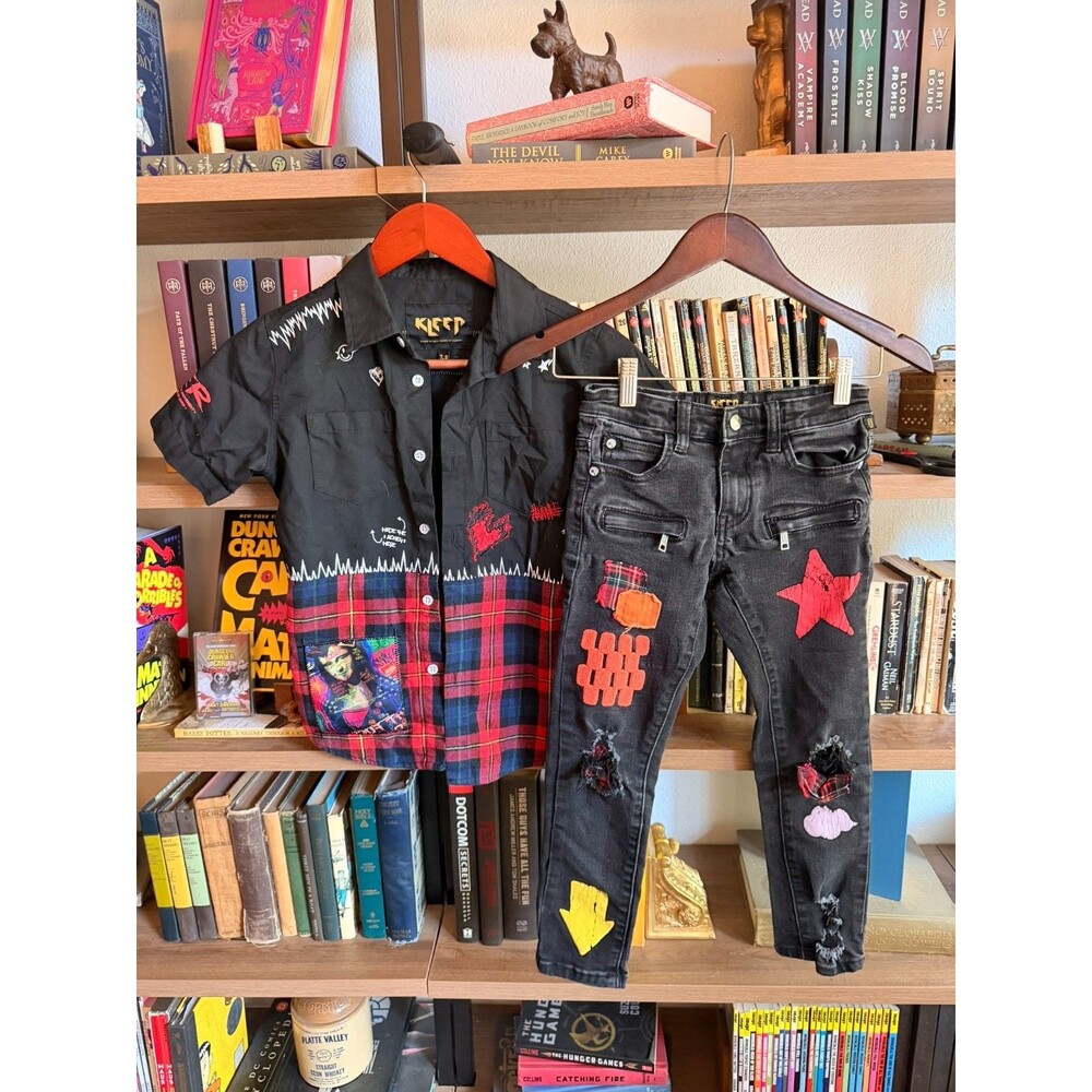Kleep Boys Size 7-8 Two Piece Set Black Denim Shirt Jeans Plaid Patchwork Punk